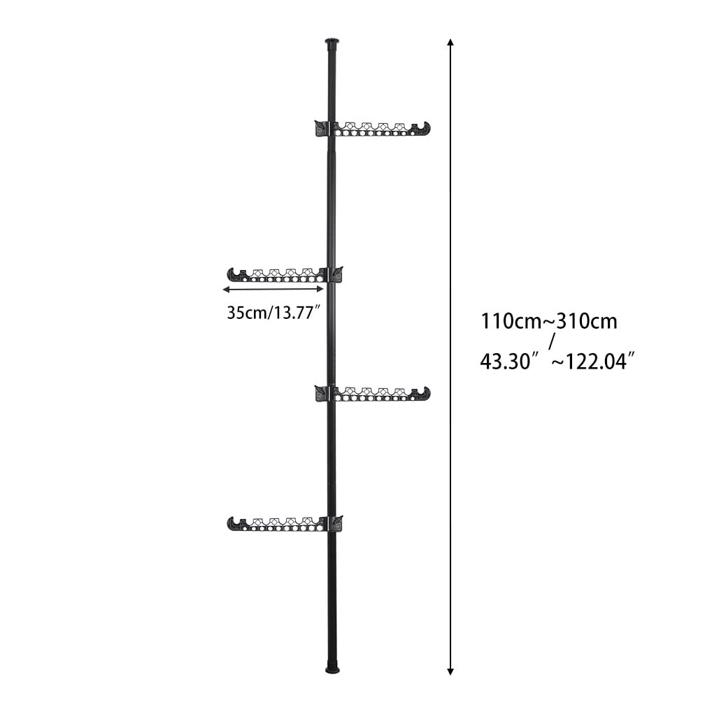 BAOYOUNI Appendiabiti Telescopico con 4 Bracci, Attaccapanni da Pavimento a Soffitto in Metallo, Asta Regolabile in Altezza da 110 cm a 310 cm, per Ingresso Cabina Armadio Balcone Ufficio, Nero