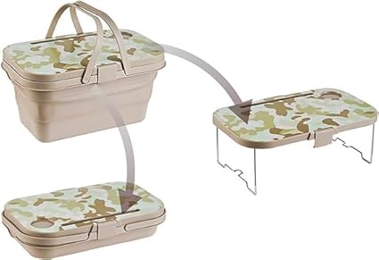 IMUU 1pc Foldable Picnic Storage Basket with Tray and Handle, Portable Water Bucket, Plastic & Silicone Material Table Storage Container Space Saving,Washing Method Design for Picnic BBQ (Khaki)