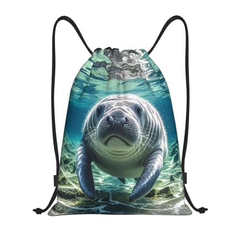 Drawstring Backpack Foldable String Bag Ocean Animal Manatee Resistant Sackpack Sports Gym Bag for Shopping Yoga
