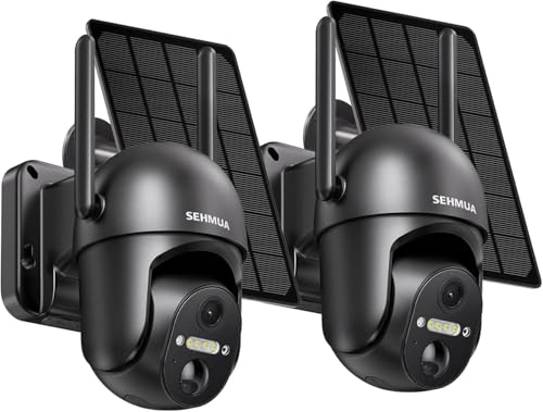 Image of SEHMUA 2 Pack Outdoor Camera Wireless, 2K Solar Security Cameras Wireless Outdoor 360 View Solar Powered Camera, WiFi Home Security with Spotlight Color Night Vision, Black