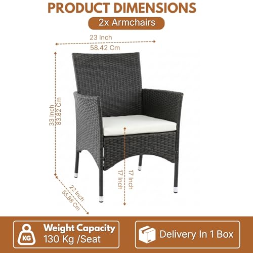 Image of DEVOKO Wicker & Rattan Outdoor Patio Dining Arm Chair With Cushion For Garden, Balcony, Terrace, Poolside, Lawn, Backyard (Black & White ), 83.82 cm, 55.88 cm, 58.42 Cm