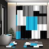 Tayney Blue Geometric Shower Curtain Set with Toilet Lid Cover and Non-Slip Rugs, Black White Grey C