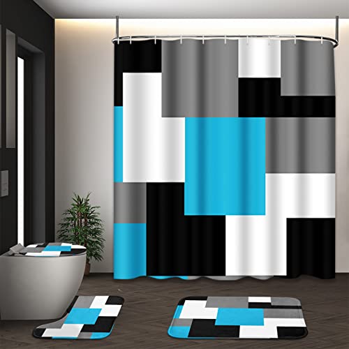 Tayney Blue Geometric Shower Curtain Set With Toilet Lid Cover And Non-Slip Rugs, Black White Grey Checkered 4 Pcs Modern Abstract Shower Curtain For Bathroom Set With 12 Hooks #TOP8
