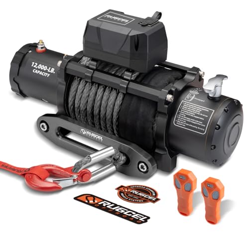 RUGCEL WINCH 12000lb 12V Truck Waterproof Electric Black Synthetic Rope Electric Winch with Hawse Fairlead,Wired Handle,2 Wireless Remote Control, Trailer Winch