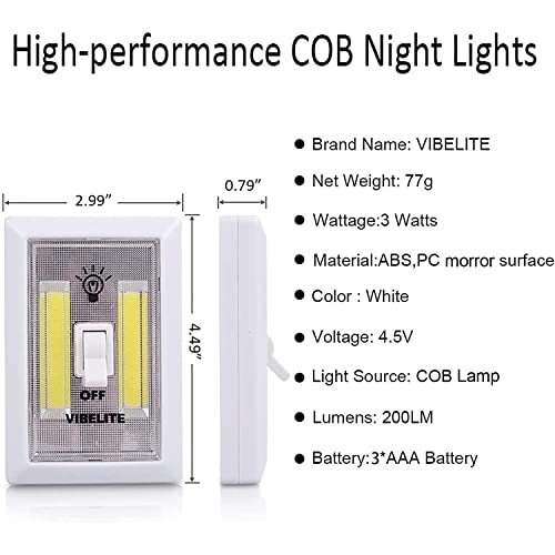 Vibelite Led Night Light Switch, 12 Total Batteries Included, 200 Lumen Wireless Cob Led Switch Light, Under Cabinet, Shelf, Closet, Garage, Kitchen, Stairwell And Emergency, Battery Operated, 4 Pack #TOP1