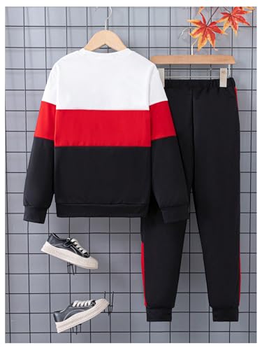 Image of GORGLITTER Boy's 2 Piec Pants Outfits Letter Graphic Crewneck Pullover Sweatshirt Joggers Pants Set Black and Red 9Y