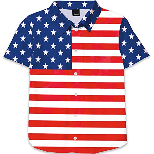 Image of Remimi Unisex Kids 4th of July Button Up Shirt Boys American Flag Print Hawaiian Beach Short Sleeve Tops 5-14 Years