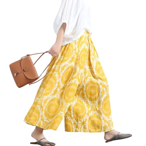 chouyatou Women's Loose Floral Printed Cotton Crop Pants Elastic Waist Wide Leg Palazzo Trousers (Medium,Yellow)