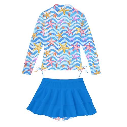Image of Vogseek 3-12T Girls Swimsuit Long Sleeve Rashguard Bathing Suits Swim Set | Quick Dry, UPF 50+ Sun Protection, Swimming Skirt, Boyshorts, Zipper Two Piece Long Sleeve Swimsuits, Adjustable Drawstring