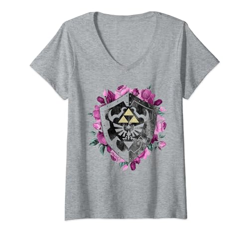 Womens Nintendo Legend of Zelda Tri Force Floral Shield V-Neck T-Shirt - image 1