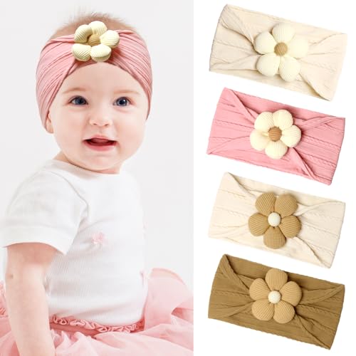 Lista de Pañuelos para Niña más recomendados. 37 KU 4 diademas para bebé con flores, diademas para bebés y niñas, turbante para bebé, bandas elásticas suaves para el pelo para bebés recién nacidos y niñas de 0 a 6 meses