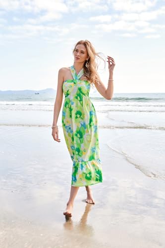 Image of GRACE KARIN Womens Summer Floral Dresses 2026 Boho Maxi Dress Flowy Halter Sundress Casual Vacation Beach Clothes with Pocket