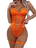 WDIRARA Women's 3 Piece Sets Floral Lace Cut Out Spaghetti Strap V Neck Underwire Garter Teddy Lingerie Set Orange L