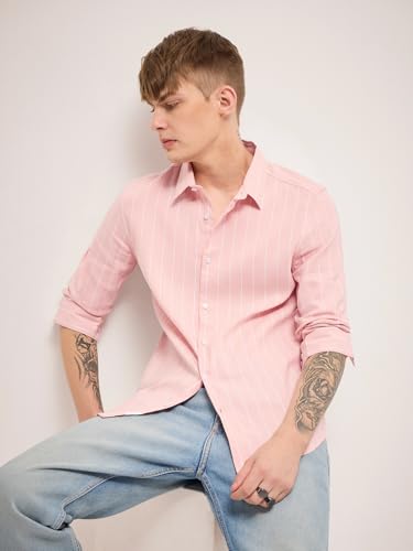 Image of THE BEAR HOUSE Men Spread Collar Vertical Striped Cotton Slim Fit Casual Shirt