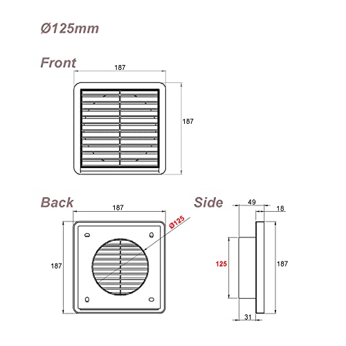 GEFONG Plastic Louvred Wall Grille 5 inch 125mm with Anti-Insect Mesh for Ceiling Extractor Fan Bathroom Air Vent Cover for Tumble Dryer Ventilation Cooker Hood Ducting White 1 Pcs