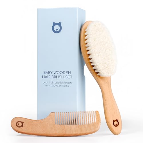 Image of ROMY RO Wooden Hair Brush & Comb Set for Newborns & Toddlers - Ultra Soft Natural Goat Hair and Wood - Chic Gift Box (Oval Brush + Comb)