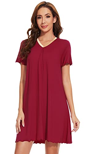 Wiwi Bamboo Nightgowns For Women Soft Pleated V-Neck Sleep Dress Short Sleeve Sleepwear Casual Sleepshirt S-Xxl, Garnet, Xx-Large #TOP2