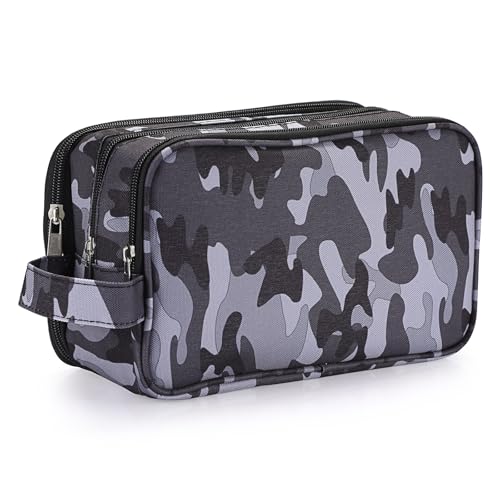 IGNPION Travel Toiletry Wash Bag Dry Wet Separation Men Dopp Kit Bag Gym Shaving Organiser Bag with 3 Compartments Camouflage Grey