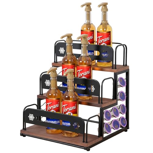 3 Tier Coffee Syrup Rack Organizer with K Cup Holder, 12 Bottles Coffee Syrup Holder Stand, Countertop Storage for Syrup, Wine, Dressing for Kitchen Coffee Station