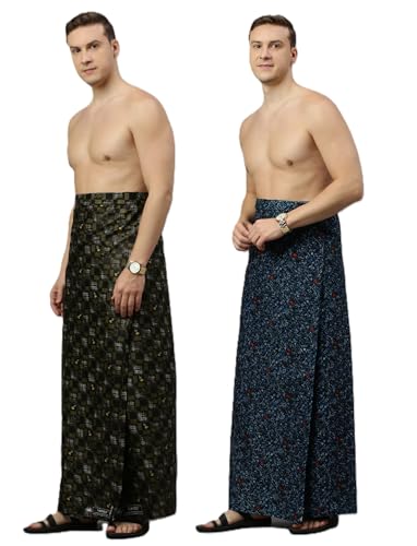 Image of NANDU Brand Men's Cotton Stitched Printed Lungies - Pack of 2 (Multicolour, Colour May Vary, Free Size)