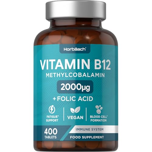 Vitamin B12 Tablets | 2000mcg | 400 Vegan Tablets | High Strength Supplement | Complex Formula with Folic Acid | by Horbaach