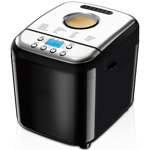 Máquina para hacer pan eléctrica, compacta y automática, configuraciones personalizables, panes de hasta 2 libras, con tazón antiadherente, gancho para pan, taza y cuchara medidoras. 15 en 1, para p