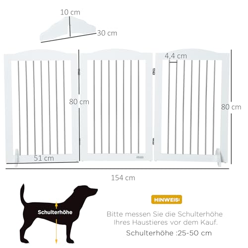 PawHut Absperrgitter Hund Freistehendes Schutzgitter mit Füßen 154 x 80 cm Hundegitter Klappbar Treppenschutzgitter Treppengitter Hundeabsperrgitter für Treppen, Türen, Küche, Flur, 3 Paneelen, Weiß