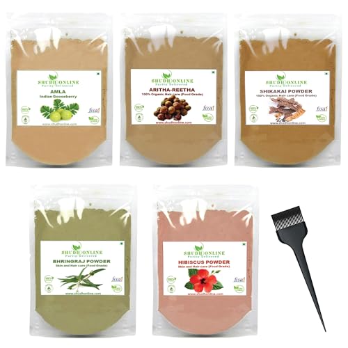 Shudh Online Herbal Hair Mask Powder Combo, Indian Ayurvedic Herbal Powder for Hair Growth (8.8oz, 250g), Bhringraj, Hibiscus, Shikakai, Reetha, Amla Shampoo (1.76oz each)