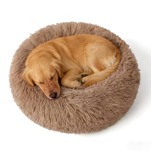 Doimier Calming Donut Dog Beds Large Sized Dog - Washable Removable Cover Non-Slip, Round Pet Bed Warming Fluffy Plush Faux Fur Anti-Anxiety Thick Cushion, Fits up to 80 lbs (Camel, 36") by Doimier - Used condition - US$50.40