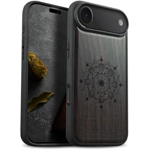 Carveit MagSafe (マグセーフ) 対応 iPhone Air ケース 木製 【天然木+TPUシリコンツーインワン】 衝撃吸収 滑り止め マグネット内蔵 iPhone 17 Air ケース 耐衝撃 レーザーアート彫刻 (黒い木-咲くマンダラの花