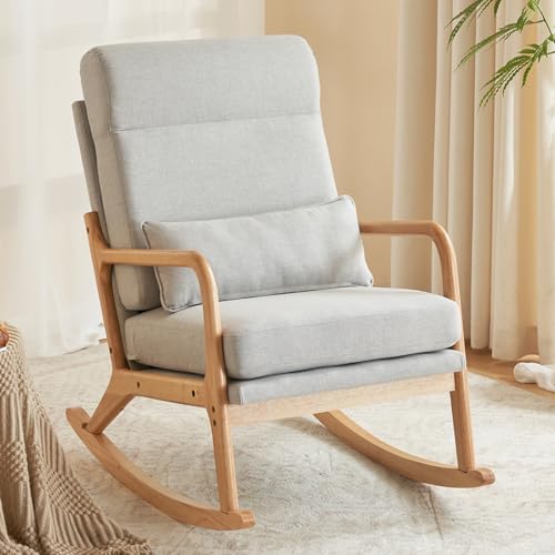Image of Karl home Nursery Rocking Chair Removable Glider Rocker High Backrest Rocking Armchair Mid-Century Accent Chair with Lumber Pillow for Bedroom, Living Room, Nursery, Light Gray