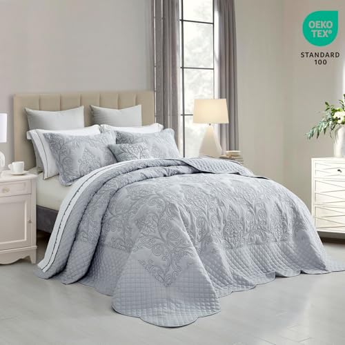 Image of CHIXIN Oversized Bedspread Coverlet Set King Size - Lightweight Bedding Cover - Beautiful Stitching - 5 Piece Reversible Bedspread - Luxury Damask Paisley Pattern (King, Light Grey)