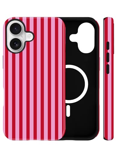 Jusy Handyhülle Magnetische für iPhone 16 Plus Hülle Aesthetic Gestreifte Sommer Muster Motiv Design Kompatibel mit MagSafe Zweischichtige Stoßfest Bumper Case Rot