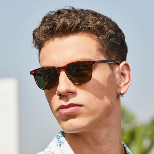 Image of CARFIA Cool Retro Green Lens Acetate Polarized Sunglasses for Men UV Protection, Keyhole Driving Sunnies Square Male Eyewears