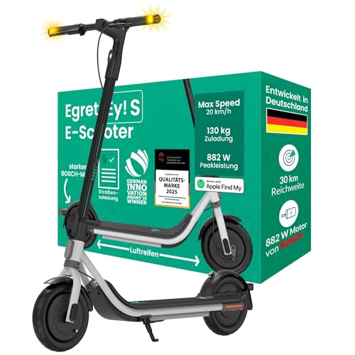 Egret Ey! S - Patinete eléctrico con permiso de circulación | Hasta 30 km de alcance, motor Bosch 882 W, 20 km/h, Apple Find My, neumáticos de aire, frenos duales, aplicación