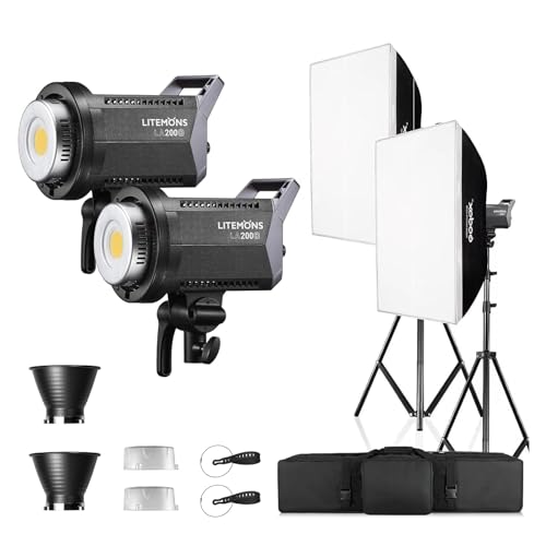GODOX LA200D LEDビデオライト 230W 5600K 撮影照明機材セット 2灯キート 3Mライトスタンド レフレクター 定常光ライト CRI96 TLCI97 無階段調節 アプリ遠隔操作 8つエフェクト搭載 Bowensマウント ポートレート スタジオ撮影 適格請求書発行可