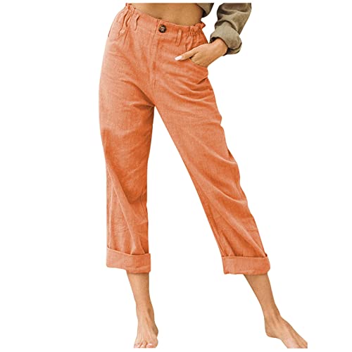 Womens Capris for Summer Dressy Fitted Capri Pants Cotton Linen Casual Pants 2024 Trendy Beach Vacation Outfits Capri Pants for Women Casual Summer Plus Size Orange L