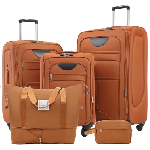Lightweight Expandable 3 Piece Luggage Set with Duffel Bag, Spinner Wheels, TSA Lock, Orange