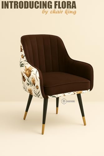 Image of Designer Accent Chair with Floral Printed Back & Footstool | Velvet Lounge Chair for Living Room, Makeup Vanity & Bedroom (Dark Brown Floral Set)