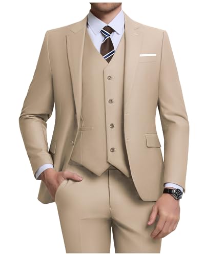 ZKHOECR Herren-Anzug-Set, 3-teilig, schmale Passform, Blazer mit zwei Knöpfen, einfarbig, Jacke, Weste, Hose, Hochzeit, Business-Anzug, Champagner, 5XL