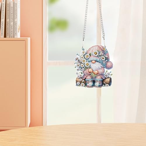 Image of DIY 5D Diamond Painting Hanging Ornament Gnome with Daisy Flowers, Floral Crystal Rhinestone Diamond Art Pendant for Home, Wall, Window, Garden, and Gift