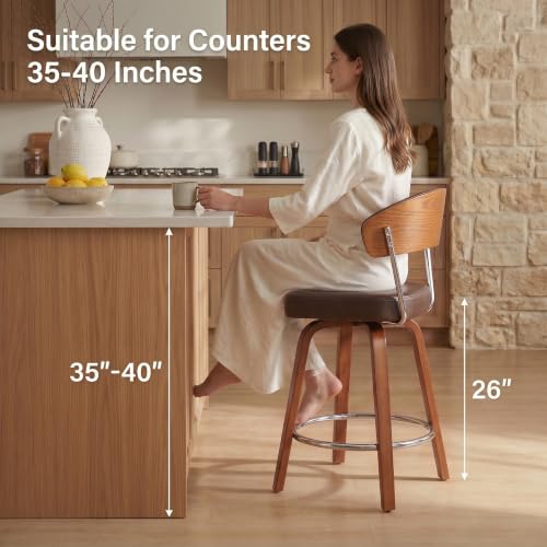 Butacos de barra giratorios suaves de 26", con tapizado grueso en cuero sintético, patas de nogal, para isla de cocina, estilo moderno, color café, juego de 2 unidades miniatura 3