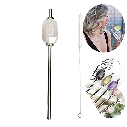 304 Edelstahl Strohhalme Wiederverwendbar + Natürlicher Kristall,Crystal Healing Straw,Metall Trinkhalme Trinkröhrchen mit Reinigungsbürsten Ideal Für Smoothie und Smoothie Cocktail Party Cover