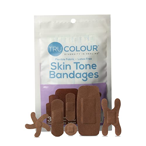 Tru-Colour Skin Tone Bandages Assorted Shapes (30 Count) - Flexible, Waterproof, PFAS-Free Fabric Adhesive Strips, Fingertip, Knuckle, Pimples, Cuts - Variety Pack, Dark Brown