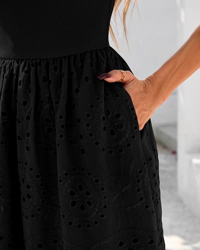 Image of dowerme Women Summer Dresses 2026 Casual Sleeveless Crewneck A-Line Boho Lace Eyelet Cotton Tank Maxi Dress with Pockets