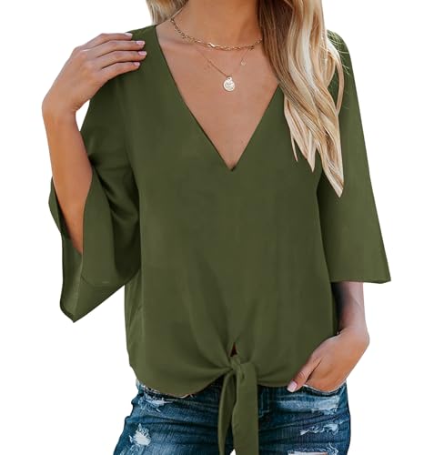 Bluetime Womens Tie Front Tops and Blouses Short Sleeve Cute Summer Shirts Spring Fashion Olive S