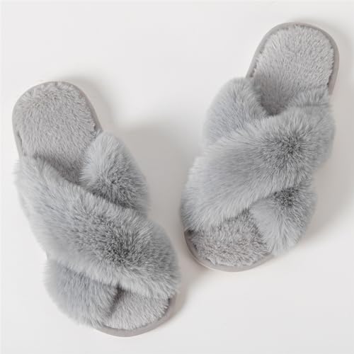 Image of Women's Cross Band Fuzzy Slippers Fluffy Open Toe House Slippers