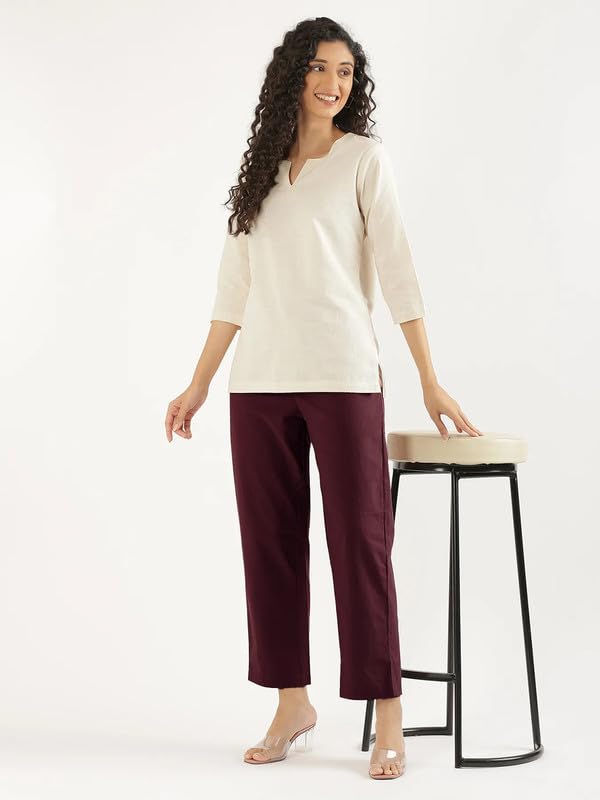 Image of SAADAA Cotton Straight Pants for Women | Breathable Everyday Wear Trousers | Drawstring, Deep Pockets & Elastic Waistband | Casual & Comfortable Fit