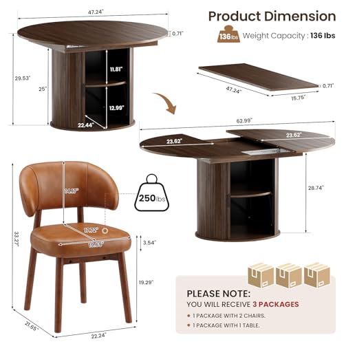 Image of MALOL 47 inch-63 inch Extendable Round to Oval Dining Room Table Chairs Set for 4-8, Modern Wooden Kitchen Table and Chairs with Hidden Storage and Fluted Design for Dining Room /Small Space(Walnut and Brown)