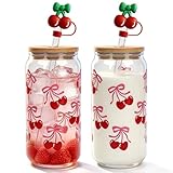 Mason Life Cherries Bows Glass Cups with Lids and Straws, 18OZ Cherry Decor Iced Coffee Cups with Lids, Cute Glass Cups Valentine's Day Gift for Women, Coquette Aesthetic Glass Cups -Set of 2